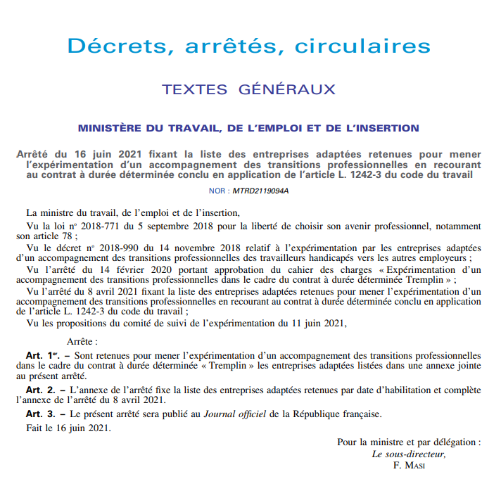 Capture d'écran du rapport "liste des entreprises adaptées retenues pour mener  l’expérimentation d’un accompagnement des transitions professionnelles en recourant  au contrat à durée"