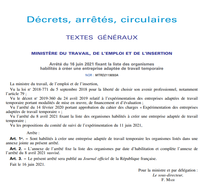Capture d'écran du rapport "t la liste des organismes  habilités à créer une entreprise adaptée de travail temporaire "